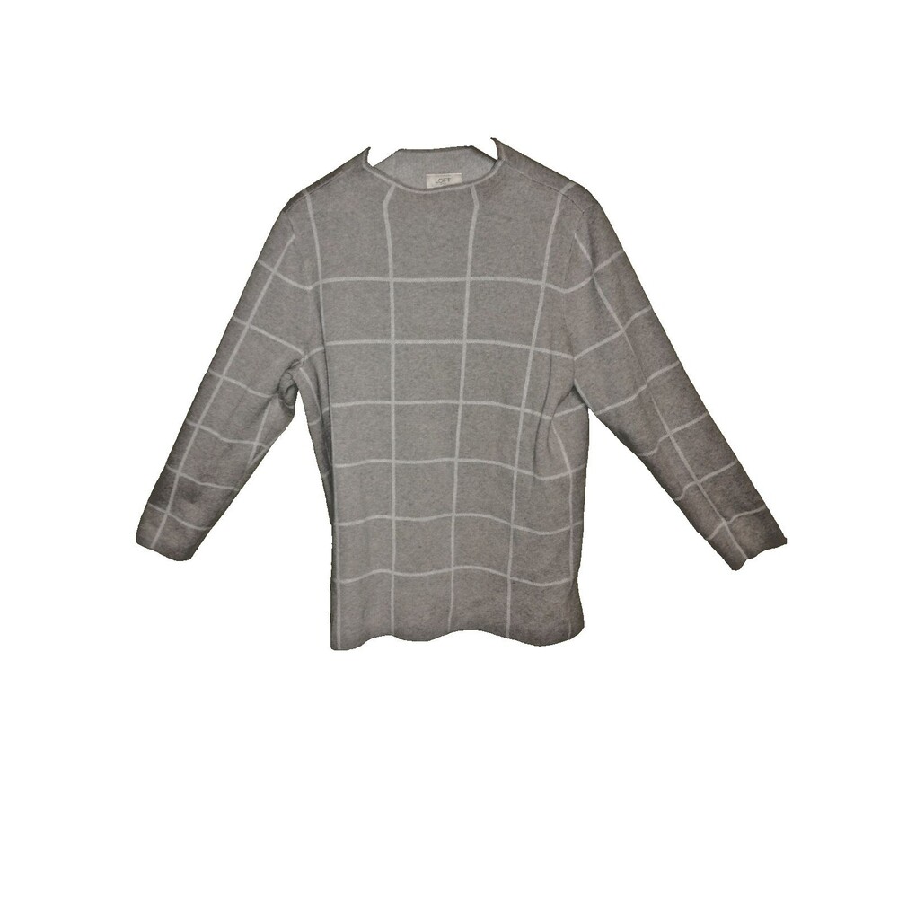 Loft Outlet Mock Neck Women’s Sweater Window Pane 100%Cotton Long Sleeve XL Gray
